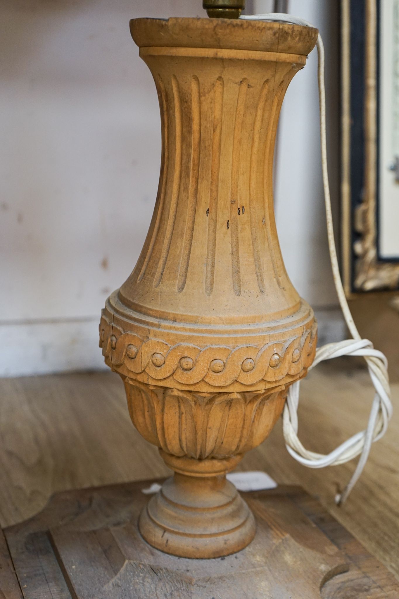 A pair of modern pine and beech carved classical vase form lamps, height 45cm